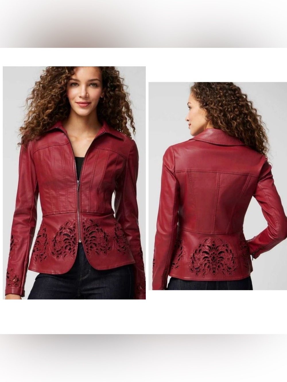 WHBM NWT Cutwork Coated Denim Flirty Jacket Dark Red LEATHER LOOK